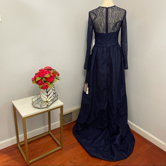 # Mac Duggal Long Sleeve Lace Column Gown With Overskirt - Picture 16 of 16